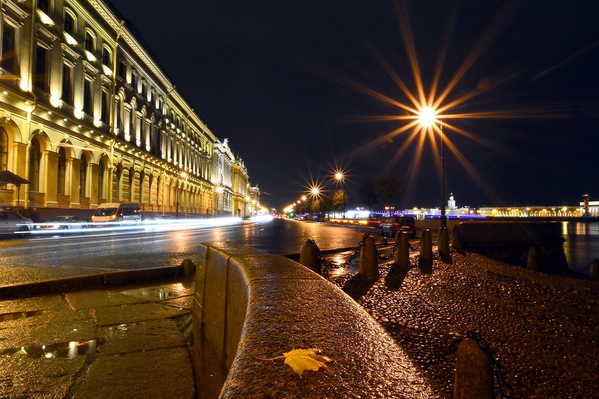 Ночью Дворцовая набережная в Санкт-Петербурге