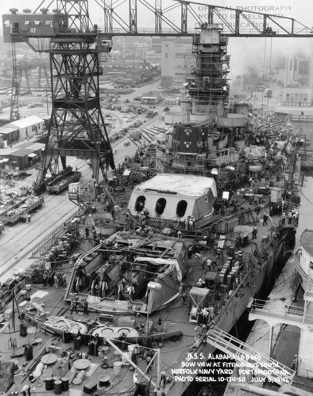USS "Alabama",BB-60.Bow view at fitting out berth, 3 July 1942. - Александр 