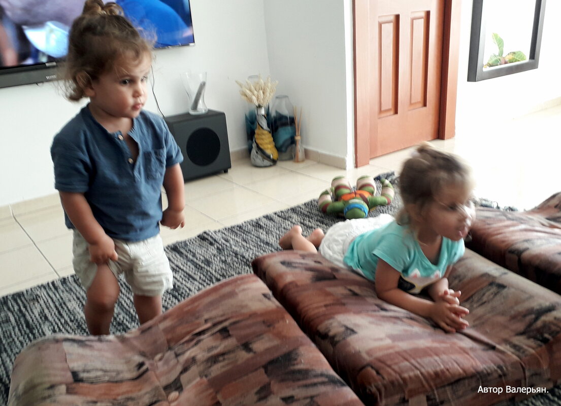 Адель и Том играются на "батуте" из диванных подушек. - Валерьян Запорожченко