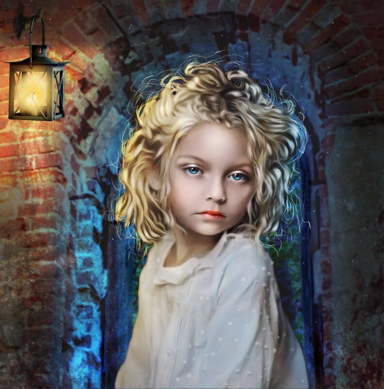 A little girl in a nightgown under a kerosene lamp in an old castle. - Герман 