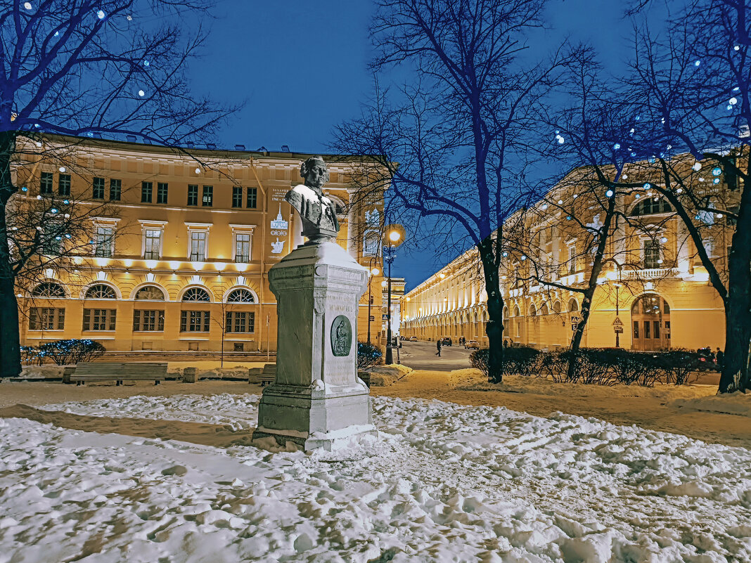 Памятник Ломоносову и улица Зодчего Росси в ночном освещении - Стальбаум Юрий 