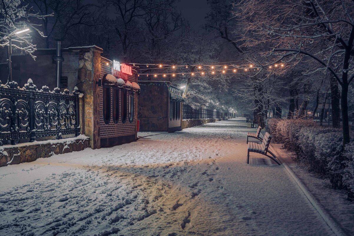 Зимняя ночь на алее с парковой оградой. - Константин Бобинский