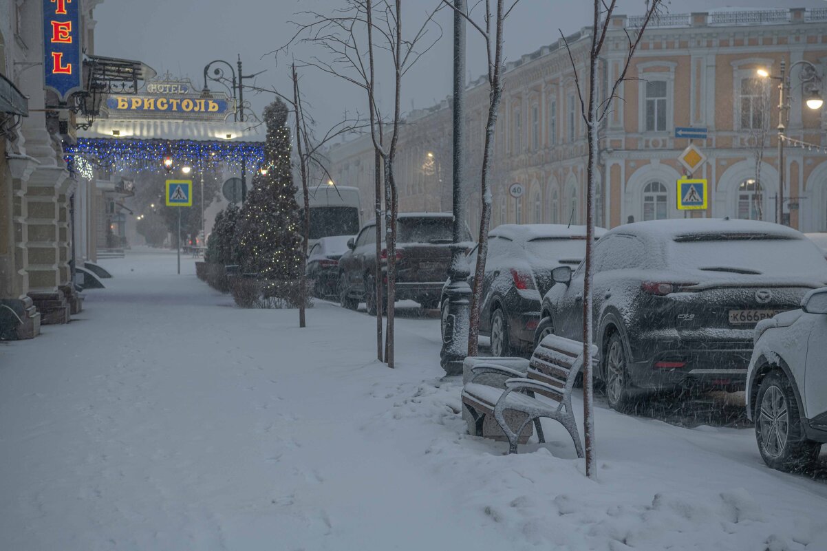 Припаркованные автомобили засыпаемые снегом перед гостиницей "Бристоль" - Константин Бобинский