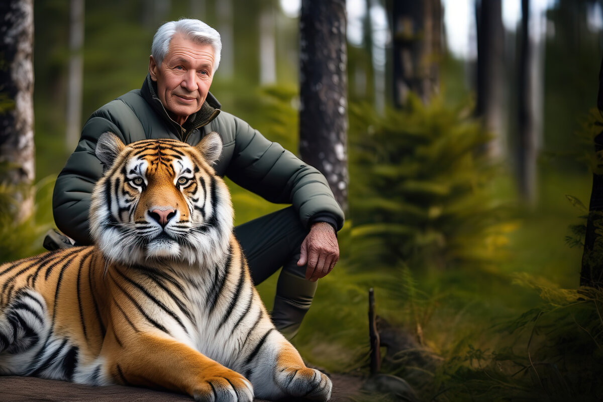 Старый лесник со своим другом ручным тигром - Анатолий Клепешнёв