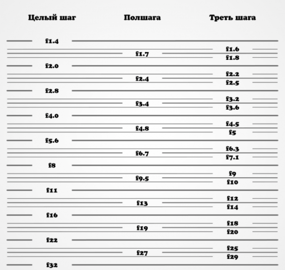 Диафрагма фотоаппарата - таблица со шкалой целых и дробных f-значений