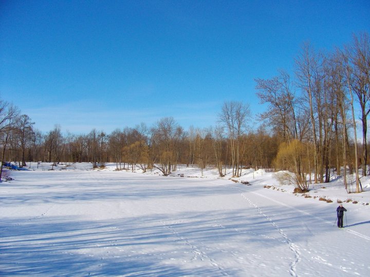Конец марта, а по прудам ещё можно кататься на лыжах.