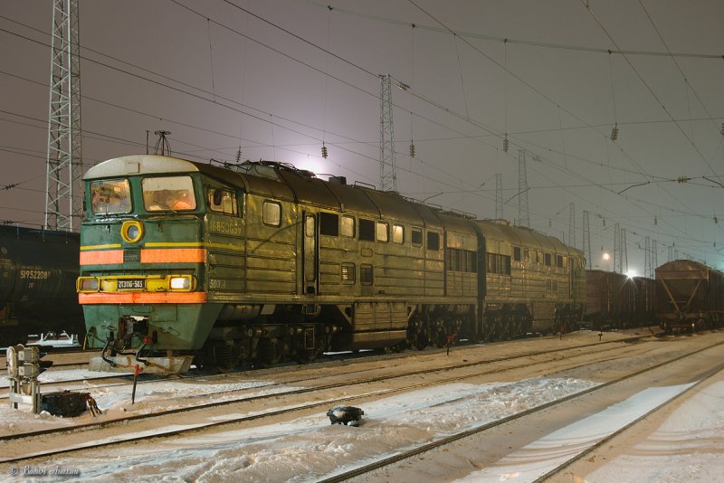 Diesel locomotive 2TE116-503 with train on Likhaya