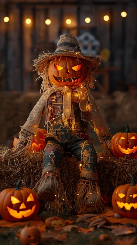 A scarecrow with a pumpkin head sits on a haystack - Vsevolod Boicenka