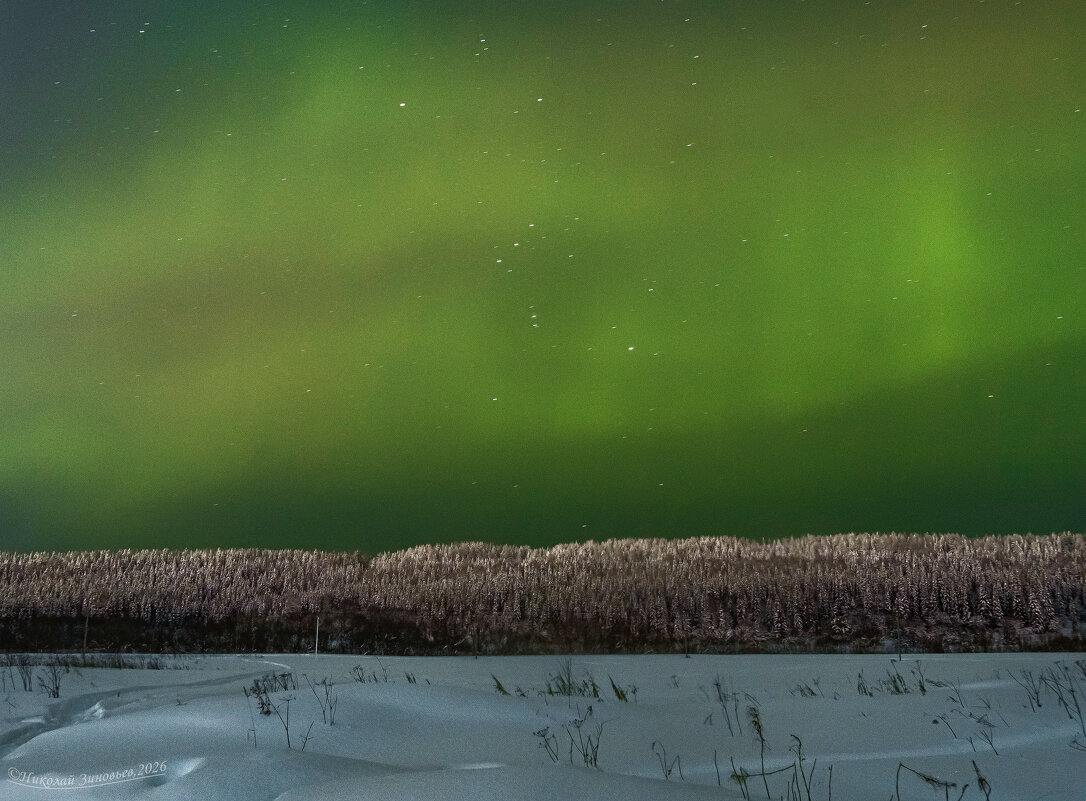 Окрестности Ухты, вид на высокий берег одноименной реки, Орион и всполохи авроры - Николай Зиновьев Окрестности Ухты, вид на высокий берег одноименной реки, Орион и всполохи авроры - Николай Зиновьев