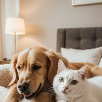 Golden Retriever and sly white cat :: Vsevolod Boicenka