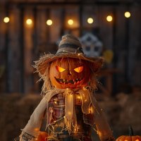 A scarecrow with a pumpkin head sits on a haystack :: Vsevolod Boicenka
