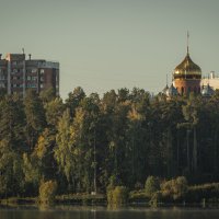 Город, лес и храм — три стихии в одном пейзаже.